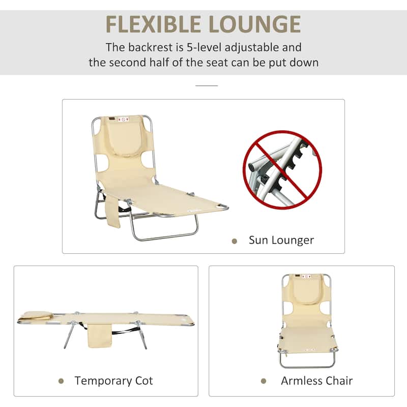 Outsunny Folding Beach Lounge Chair with Face Hole and Arm Slots, 5-level Adjustable Sun Lounger Tanning Chair with Pillow