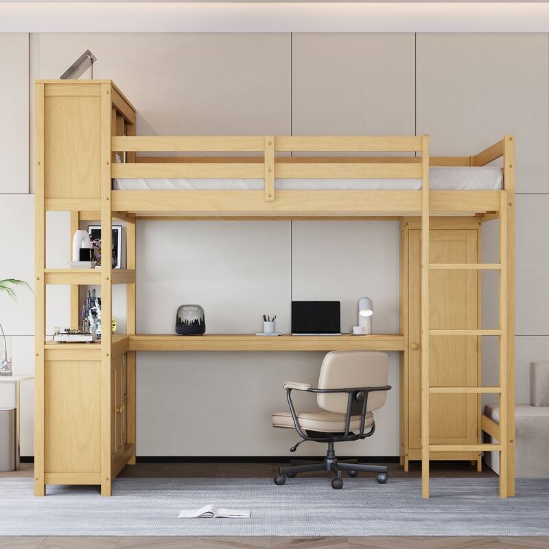 Wood Loft Bed with Cabinet and Bookshelf, Queen Size Loft with Wardrobe and Desk for Kids - Natural