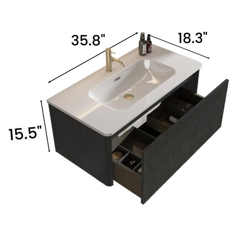 36" Floating Bathroom Vanity, Integrated Ceramic Sink, Push-Open Drawer & U-Shape Wall Fitting,Wall-Mounted MDF Vanity Cabinet
