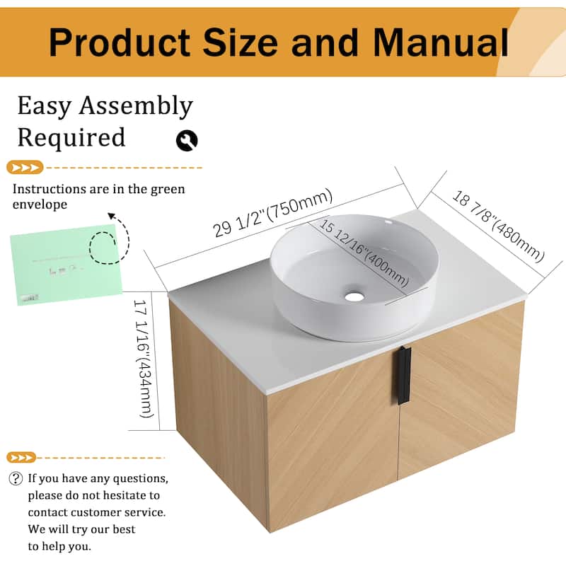 Malwee 30"/36" Floating Bathroom Vanity, Wall Mounted Bathroom Vanity with Ceramic Sink and Soft Close Door