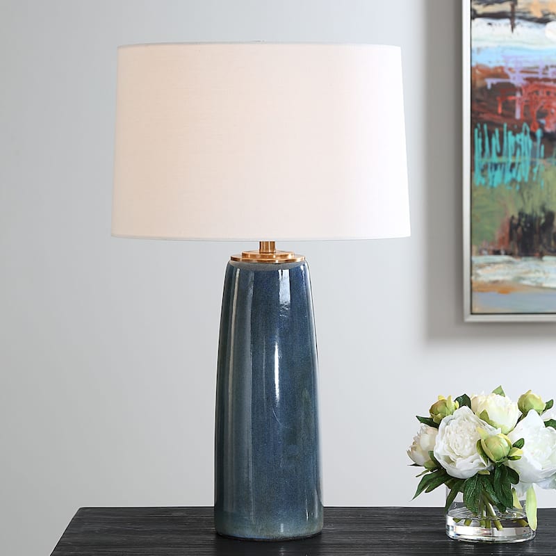 Table Lamp with Round Tapered Shade - 26.25" - Glazed Blue and White
