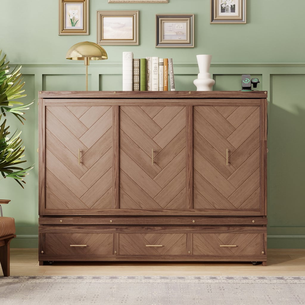 Queen Murphy Bed with Storage, USB Charging & Geometric Panel