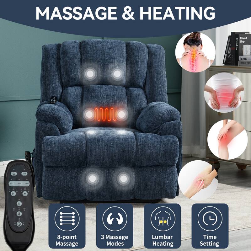 Blue Dual Motor Lift Recliner with Heat, Massage, Infinite Recline, and Heavy-Duty Support up to 350 lbs