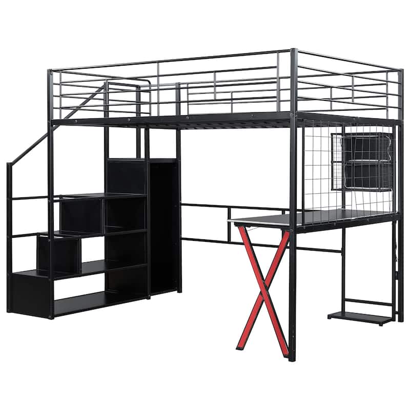 Full Size Metal Loft Bed With Built-In Work Station, Wardrobe, Storage Staircase And LED