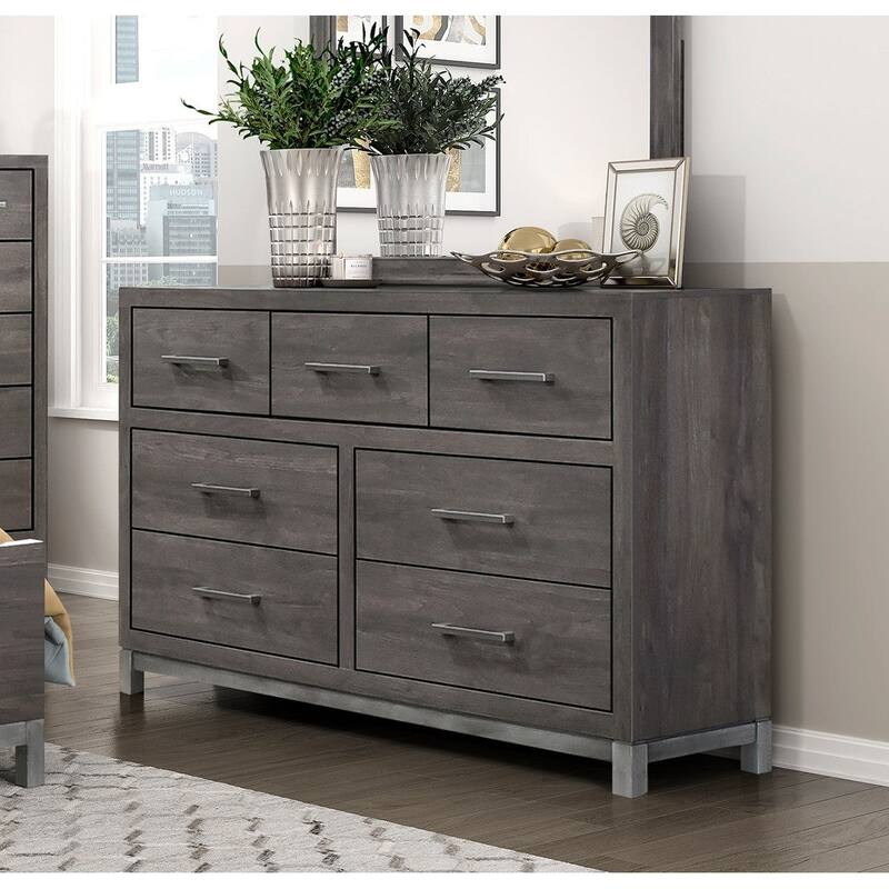 4pc Bedroom Set Bed Dresser Mirror Chest Brown Gray Furniture