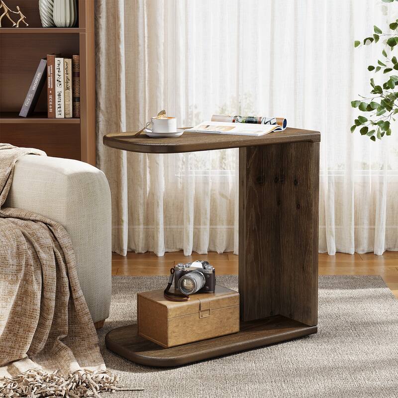 Solid Wood C-Shaped End Table, Sofa Couch Side Snack Accent Table, Living Room Bedroom Couch Table