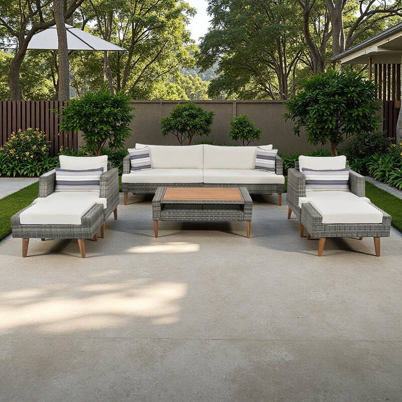 6-Pieces Outdoor PE Rattan Conversation Sofa Set with Coffee Table and 2 Ottoman - Gray+Beige