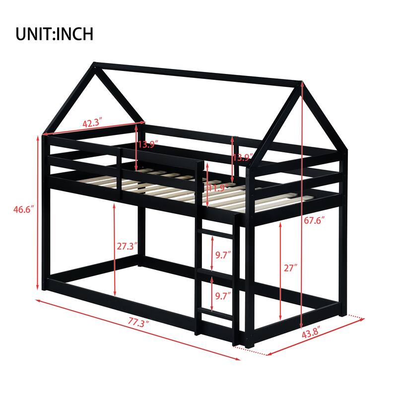 Twin Over Twin Floor Bunk Bed with House Roof Design, Rubber Wood Frame, Ladder and Guardrails for Kids Bedroom