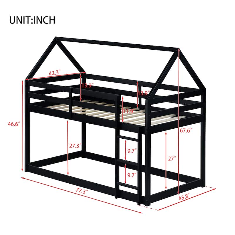 Twin over Twin Rubber Wood Floor Bunk Bed with Ladder, Guardrails, and House-Shaped Design, Pink Kids Bunk Bed