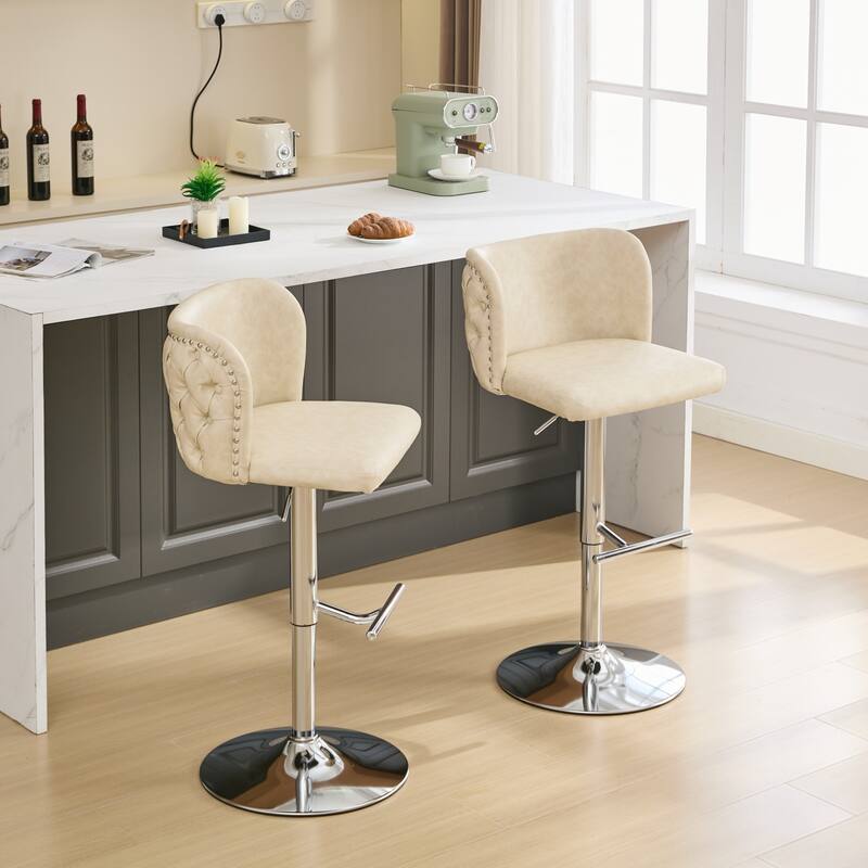 Modern PU Upholstered Bar Stools Set of 2, Swivel Barstools with Tufted Back, Adjustable Seat Height with Chrome Base