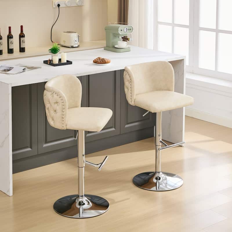 Velvet Upholstered Bar Stools Set of 2, Swivel Bar Stools with Adjusatble Height, Kitchen Island Chairs with Tufted Back