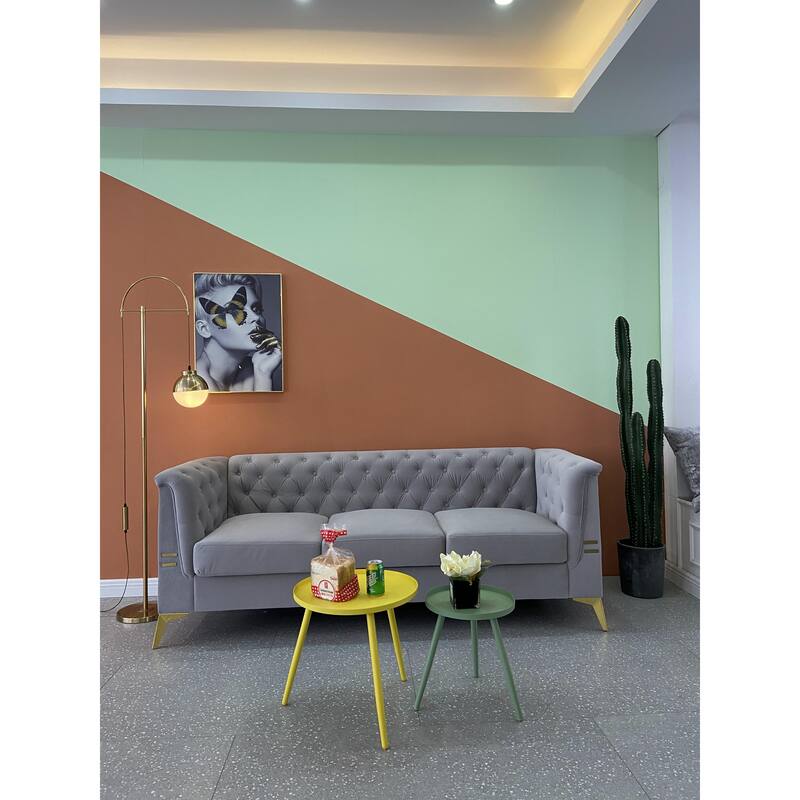 Velvet Upholstered 3-Seater Sofa Modern Living Room Couch Sofa with Deep Button Tufting Sofa and Metal Legs, Square Arms