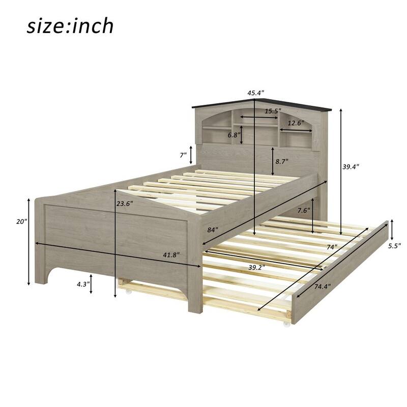 Twin Size Wood Platform Bed with House-shaped Storage Headboard and Trundle