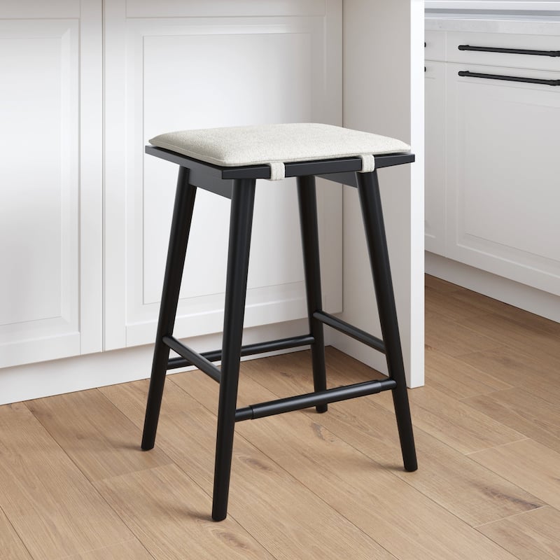 Barker Boucle Upholstered Barstool, Backless Counter Height Stool with Cushion - Single - Cream Boucle/Black
