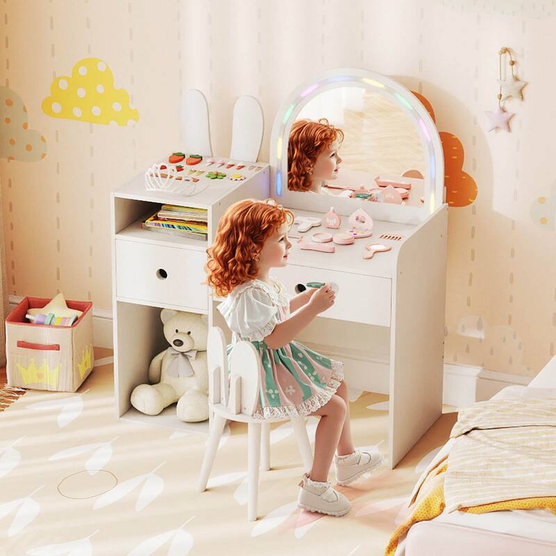 Costway Princess Bunny Makeup Table with Lighted Mirror, Open Shelves - See Details