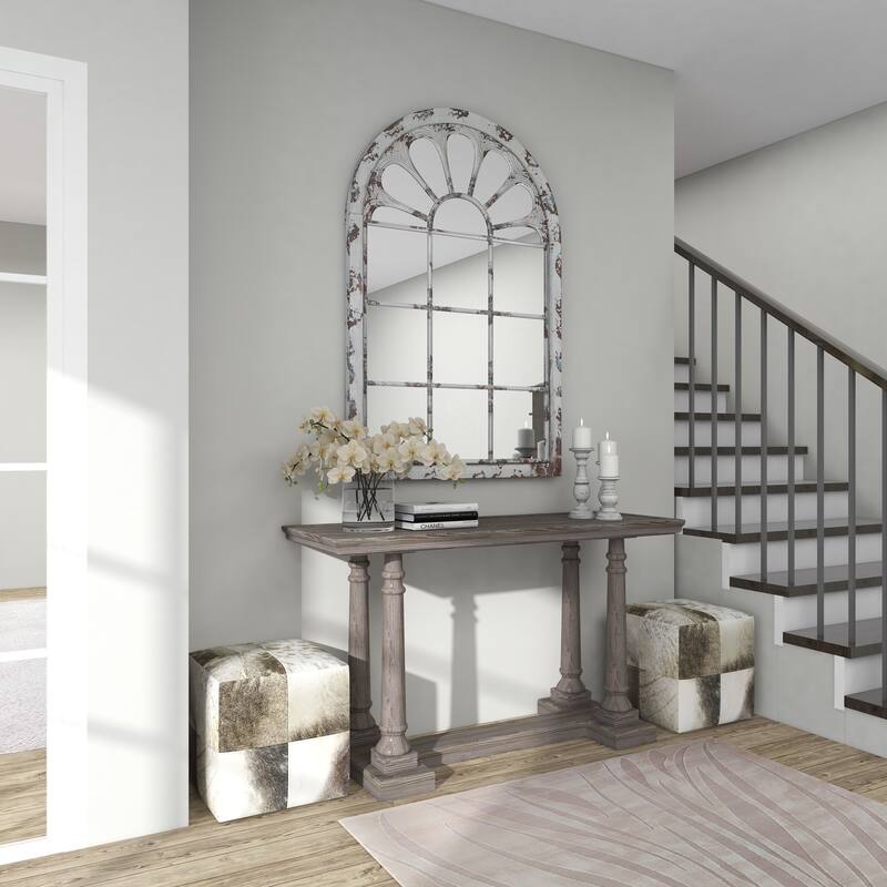 White Metal Window Pane Inspired Room Wall Mirror with Arched Top