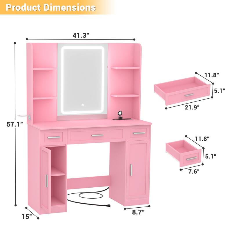 Modern Farmhouse Vanity Table with LED Mirror, Makeup Vanity Desk with Drawer, Cabinet, and Shelves