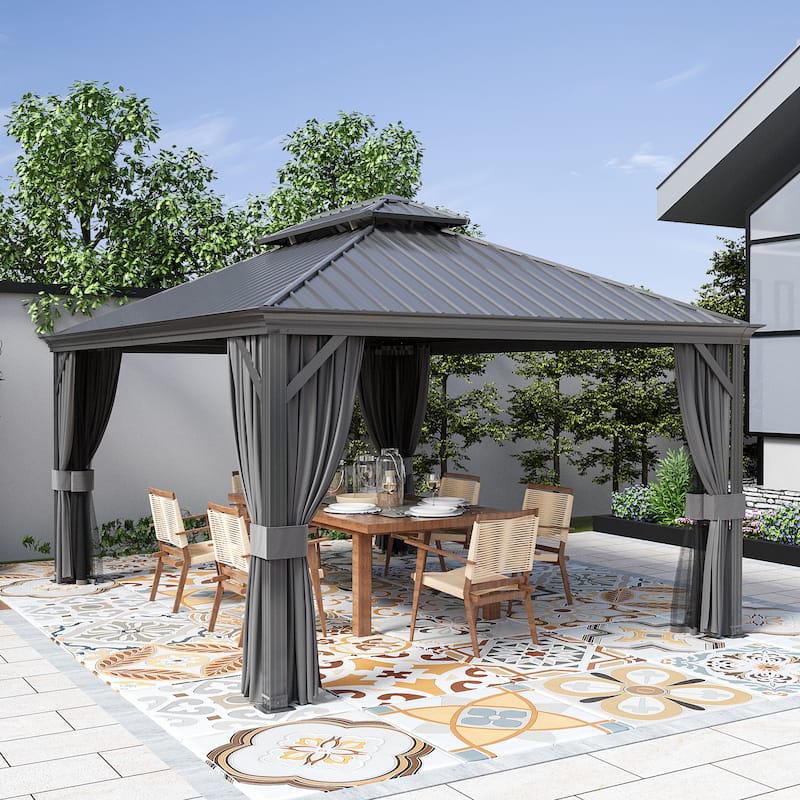 12x16ft Outdoor Double-Roof Aluminum Gazebo with Curtains and Mosquito Netting