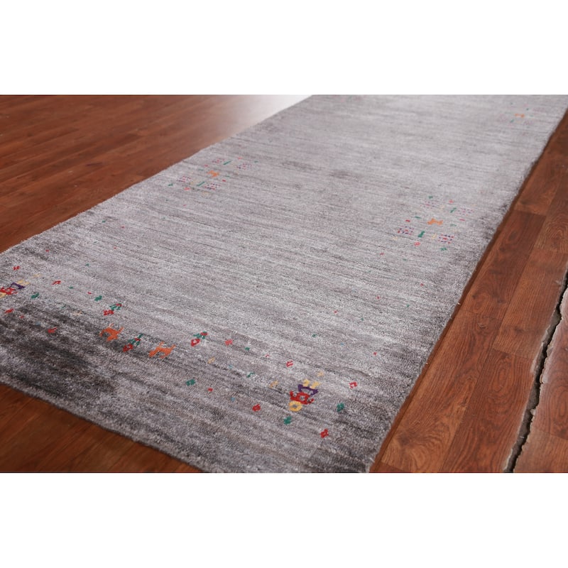 Hand Knotted Oriental 100% Wool Carpet Tribal Tribal Greys & Charcoal Gabbeh Runner Rug - 9' 9'' X 3' 2''