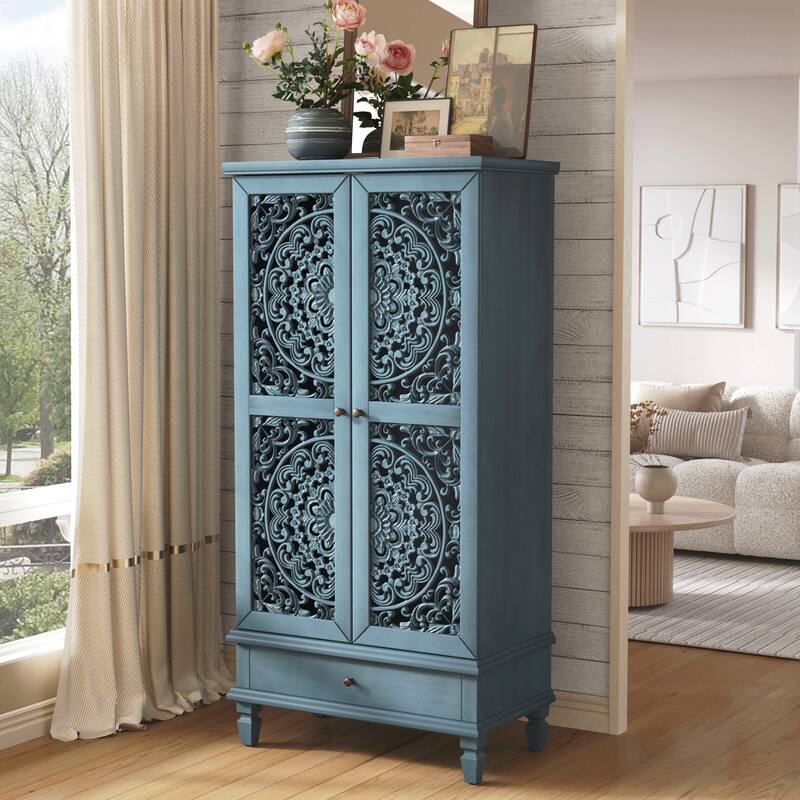 Tall Storage Cabinet with Drawer, Decorative 2-Door Carved Wood Accent Cabinet