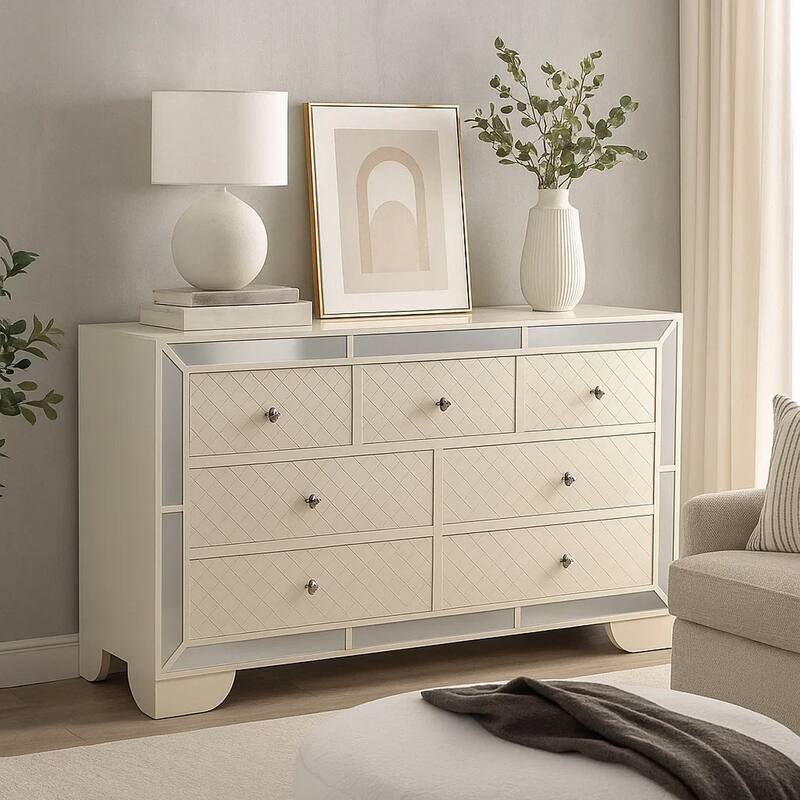 Athon Wide Dresser with 7 Drawers, Diamond Patterns, Ivory Wood