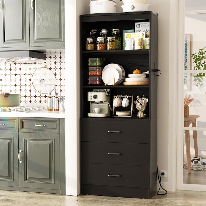 6-Tier 23.6'' Display Cabinet with Charging Station and Drawers, Bookcase Storage Shelf Kitchen Pantry