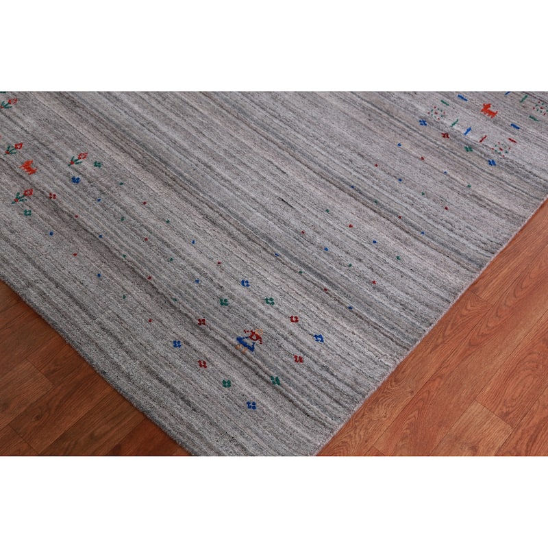 Hand Knotted Oriental 100% Wool Carpet Tribal Stripe Greys & Charcoal Gabbeh Area Rug - 12' 0'' X 9' 0''