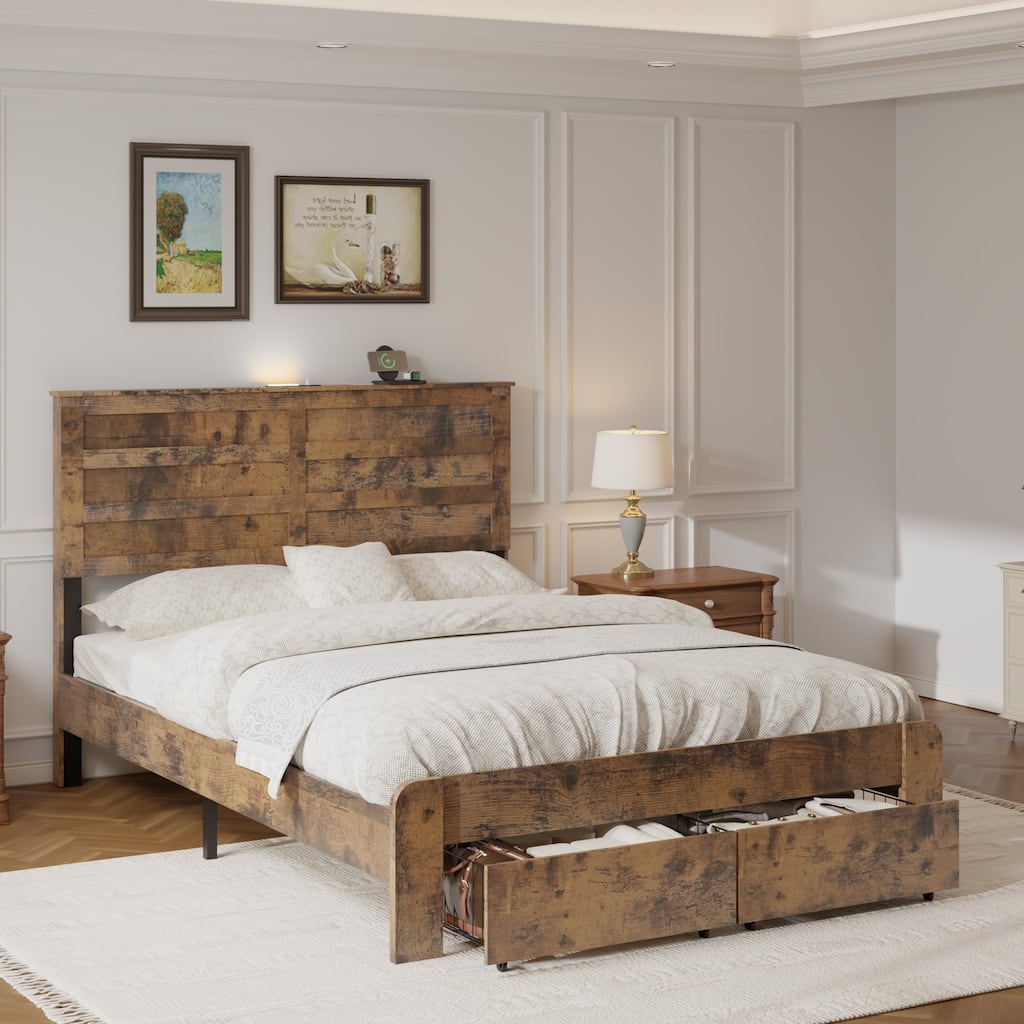 Full Size Rustic Bed Frame with Charging Station & Headboard