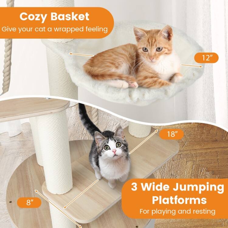 Natural Wooden Cat Tree Tower with Condo Hammock Perch and Scratching Posts 55 Inch Multi Level