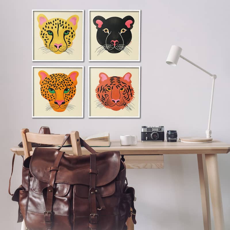 Stupell Modern Jungle Wildlife Faces Framed Giclee Art Design By Carrie Cantwell (Set of 4)