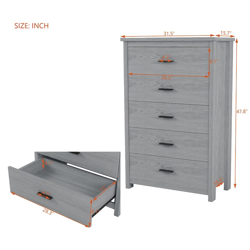Vintage American Country Style Dresser Bedroom Storage Cabinet with 5 Drawers, for Bedroom, Light Gray