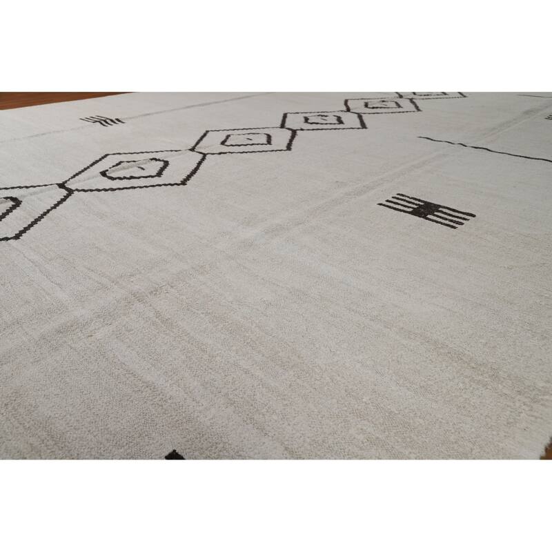 Hand Woven Oriental Cotton Carpet Southwestern Tribal Beige & Ivories Kilim Area Rug - 13' 3'' X 9' 11''