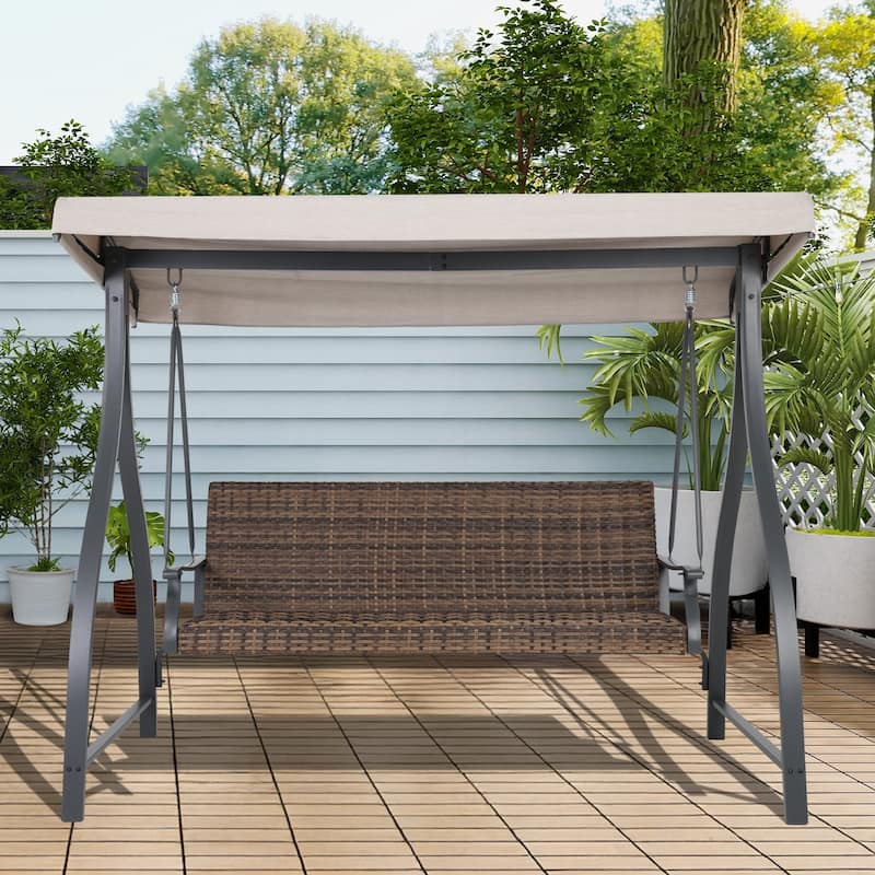 Aoodor 3-Seat Outdoor Rattan Patio Swing with Adjustable Canopy - Stylish Comfort for Your Porch, Garden, and Yard - Khaki