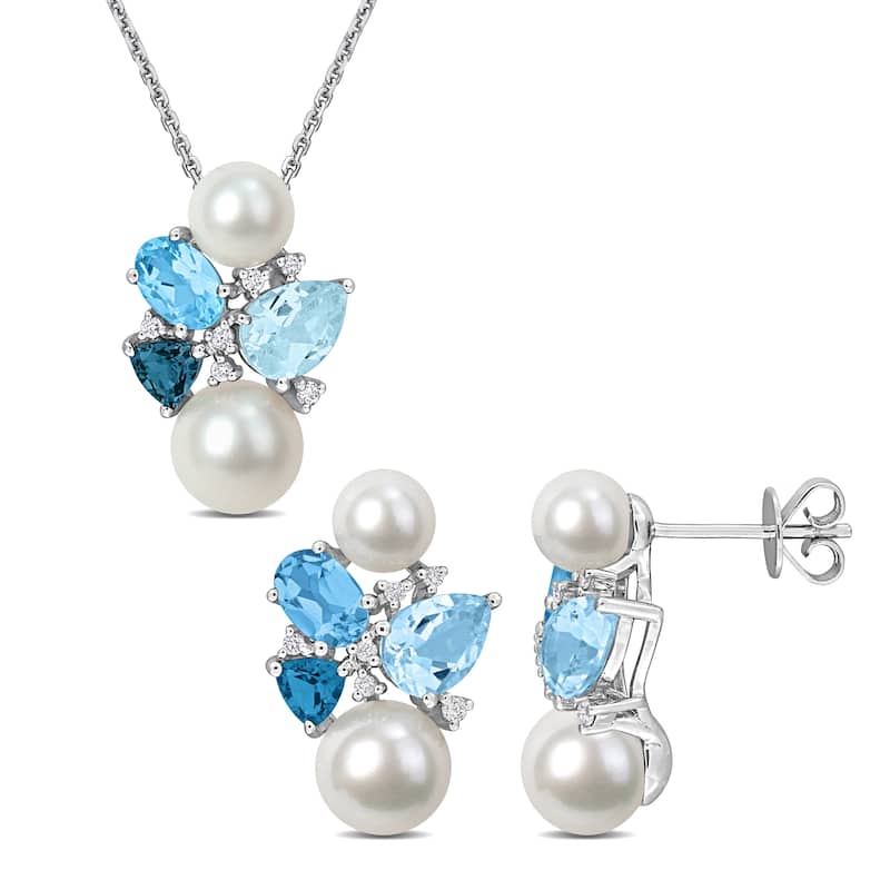 Miadora 5 1/5ct TGW Blue Topaz 1/7ct TDW Diamond Cultured Freshwater Pearl Jewelry Set 14k White Gold