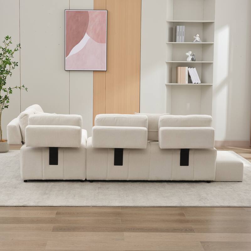 91.73" L-Shaped 4-Seat Sectional Sofa with 2 Hidden Stools, 2 Removable Lumbar Cushions, and Durable Chenille Fabric