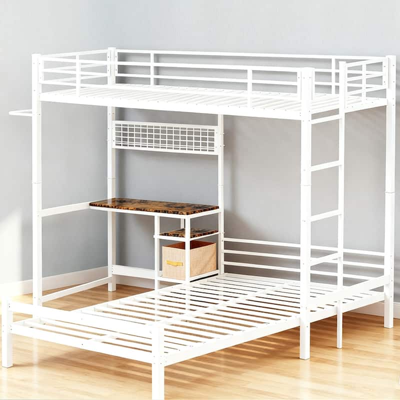 Bunk Bed Twin Over Twin Size with Desk Station L-Shaped Metal Bunk Bed Storage Shelves and Drawers Loft Beds