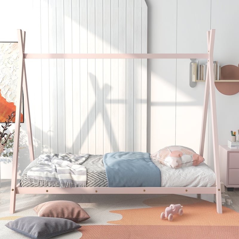 Twin Size Metal House Bed Frame for Kids with Slats, No Box Spring Needed, Pink
