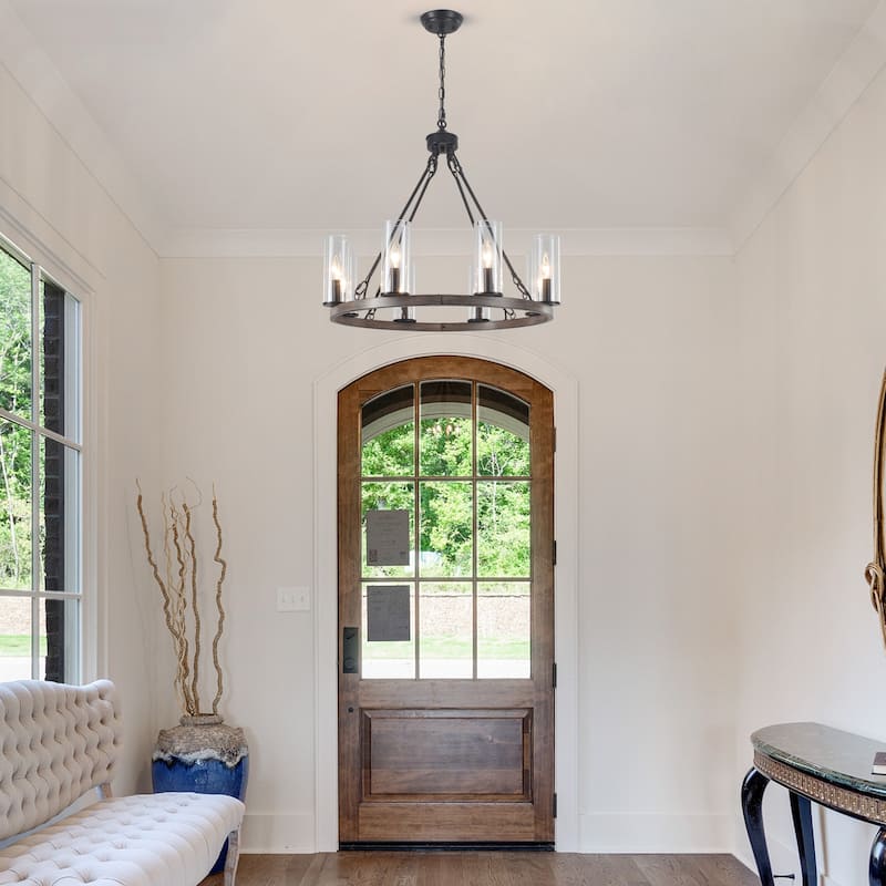 25.98inch 8-light Farmhouse Wagon Wheel Height Adjustable Chandelier With Glass Shade for Multiple Spaces