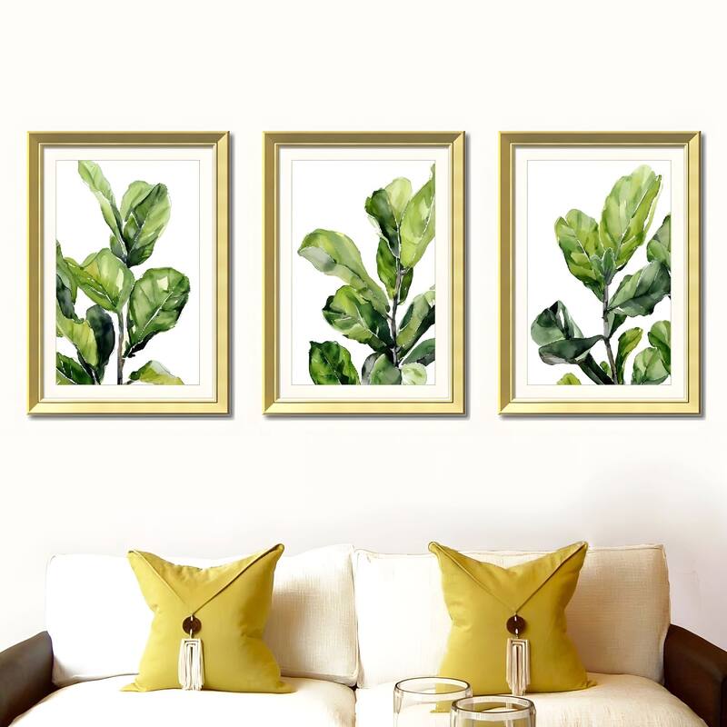 Set of 3 Green Leaf Botanical Framed Wall Art - Replaceable Canvas Prints with Solid Wood Picture Frames, Modern Plant