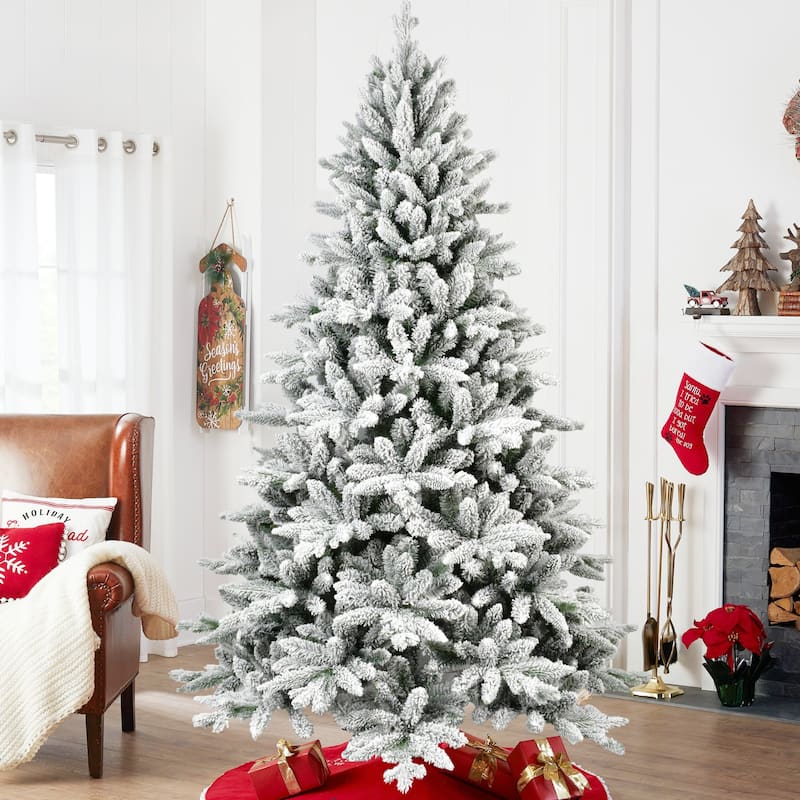 Flocked Artificial Christmas Tree - PE+PVC Snowy Branches, Hinged Structure, Metal Stand - White