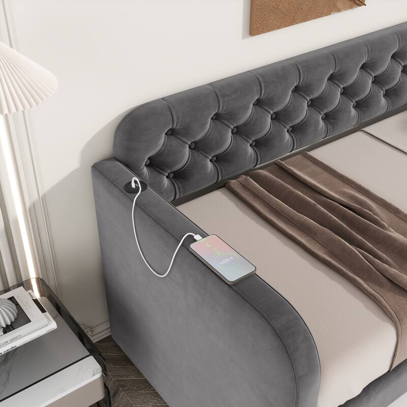 Twin Size Plush Velvet Fabric Upholstered Daybed with Trundle Bed and USB Charging, No Box Spring Needed