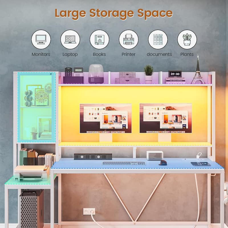 Gaming Desk LED Lights Hutch and Storage Shelves Glass Display Cabinet