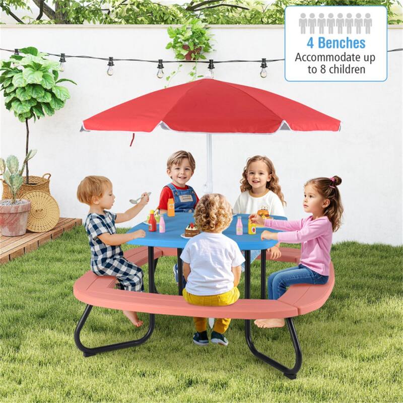 Kids Outdoor Picnic Table with Adjustable Umbrella and Benches Metal Frame and Weather-Resistant Surface - 49" × 49" × 39"-63"