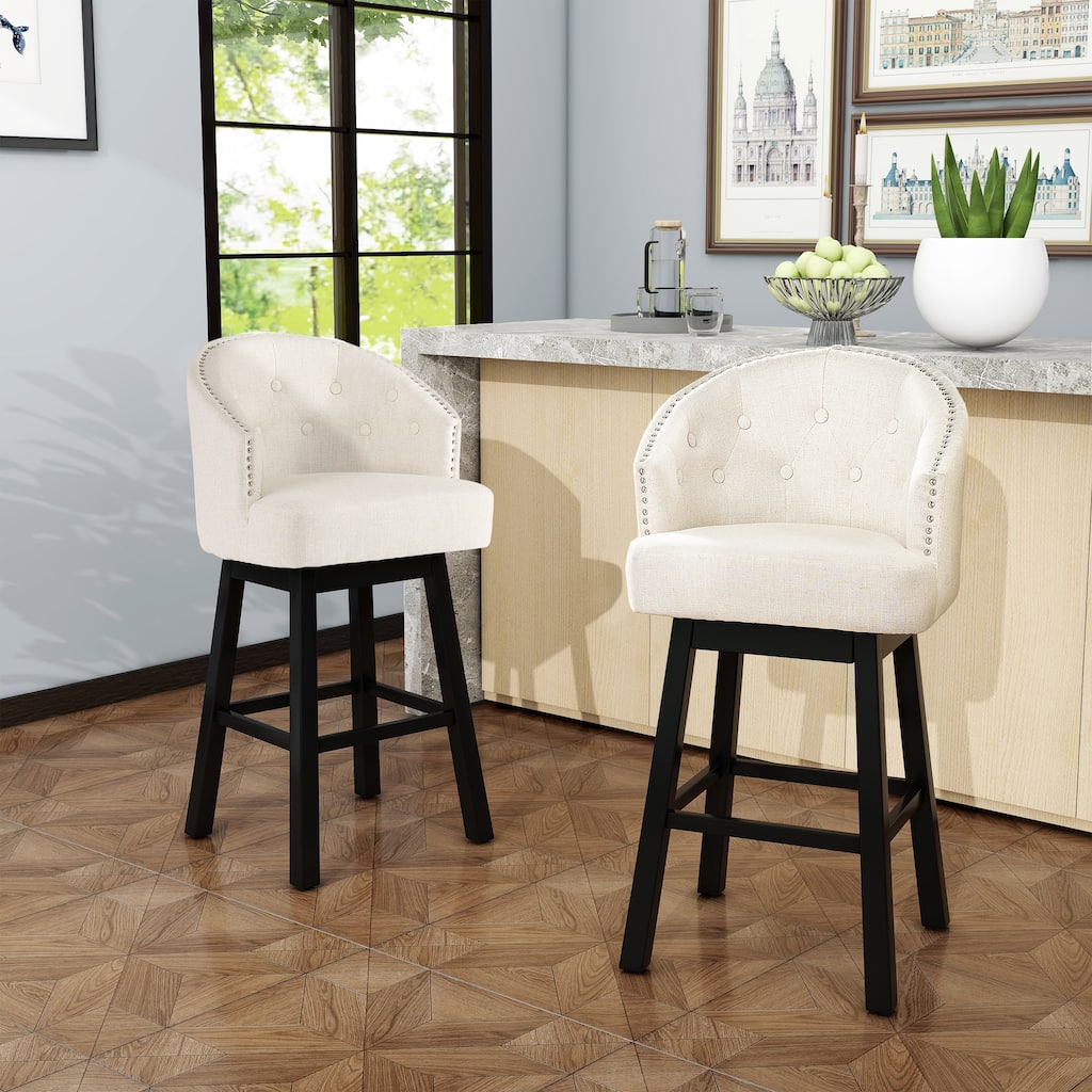 Roomfitters 30" Swivel Bar Stools Set of 2, Upholstered Counter Chairs with Nailhead Trim and Tufted Back, Beige