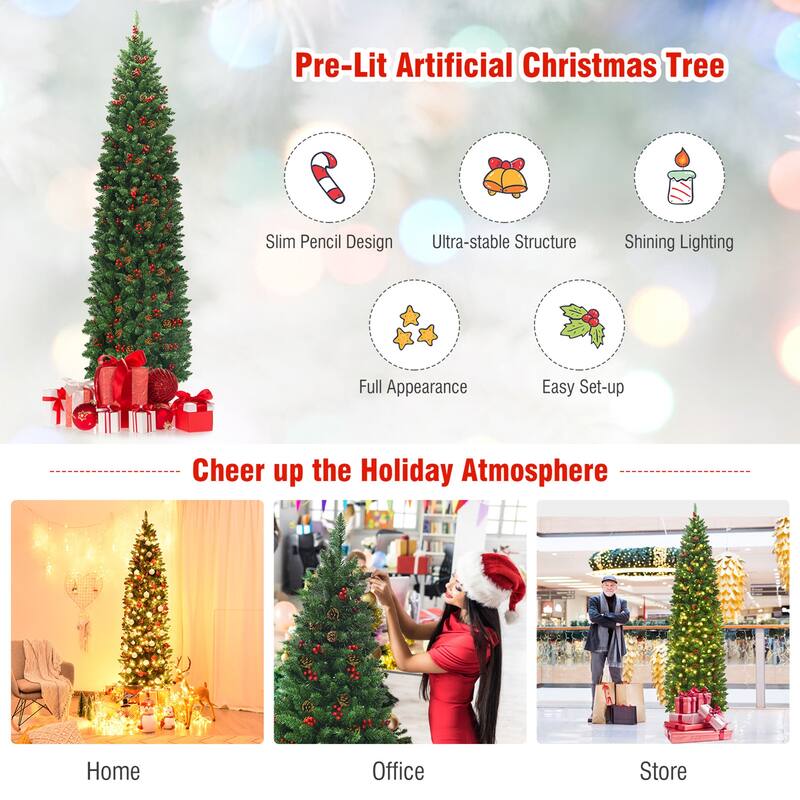 Gymax 7.5Ft Pre-Lit Pencil Christmas Tree Hinged Artificial Slim Tree - See Details