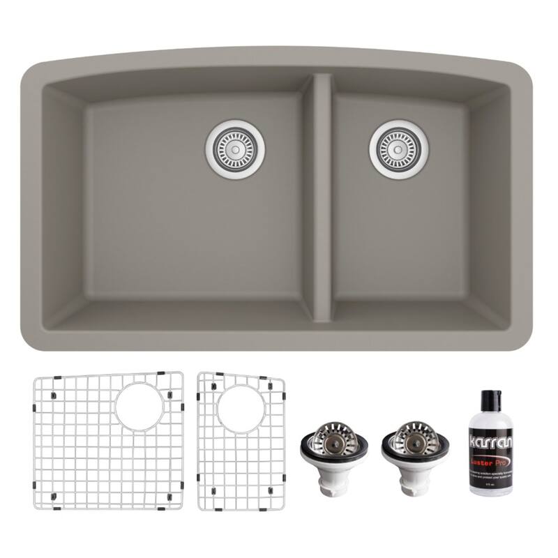 Karran Undermount Quartz 32 in. 60/40 Double Bowl Kitchen Sink Kit - Concrete