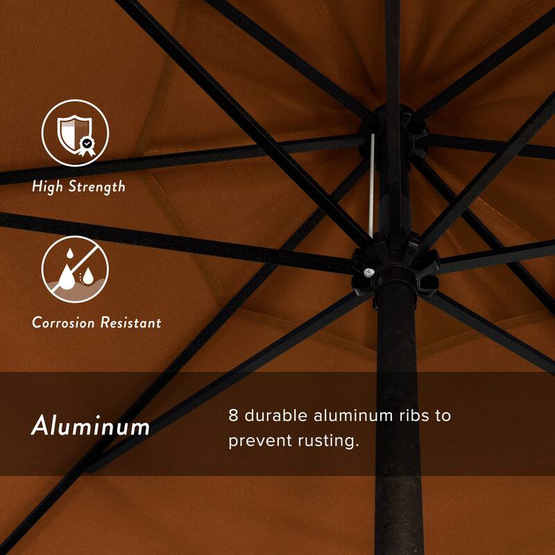 California Umbrella 9' Round Crank Lift Auto Tilt 8 Rib Aluminum Patio Umbrella, Bronze Finish, Pacifica Pacific Blue Fabric