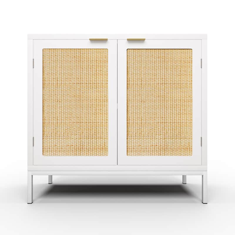 Anmytek White Wood Rattan Sideboard Buffet Kitchen Storage Cabinet with 2 Doors