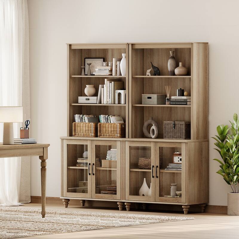 Oak Bookcase with Doors, Large Wood Farmhouse Book Case Shelf