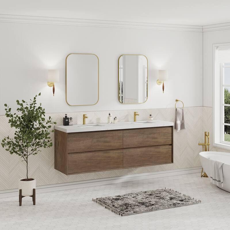 Sylphar 72 inch Bathroom Vanity with Sink, Floating Oak Cabinet with Stone Top